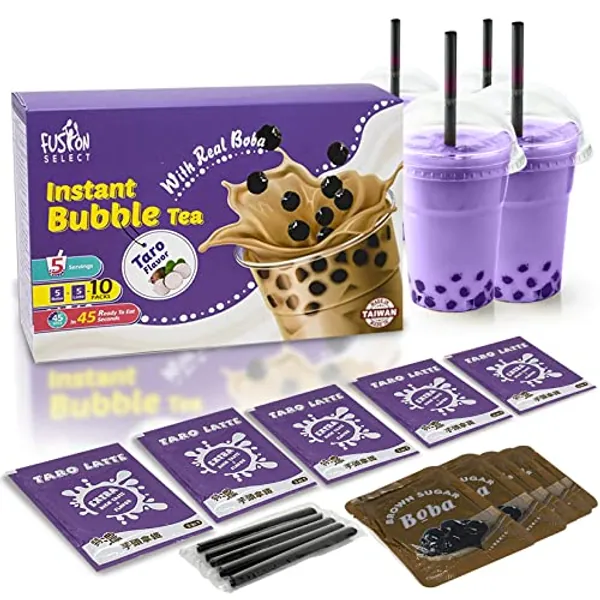 Fusion Select Authentic Taro Bubble Tea Kit Extra Rich (5 Packs) Bubble Tea Drink, Boba Tapioca Pearl, Straws, Popular Bubble Tea Flavors