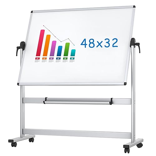 VIZ-PRO Double-Sided Magnetic Mobile Whiteboard, 48 x 32 Inches, Aluminium Frame and Stand - Silver - 48 x 32 Inches