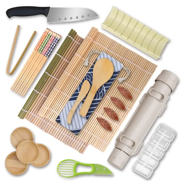 Bamboo Sushi-Making-Kit for Beginners,23PCS Sushi-Kit, Bazooka Sushi Roller with Sushi Mat, Sushi Knife, Tweezers, Chopsticks and Holder, Mold, Dishes, Spreader Knife, Avocado Slicer, Bag,Guide Book