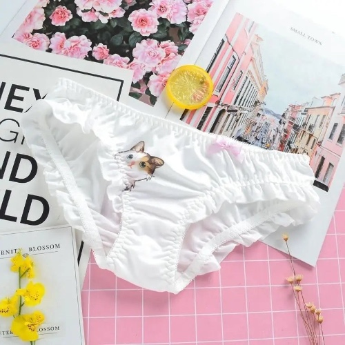 Ruffled White Kitten Panties for Neko Cuties - Brown Kitten / L