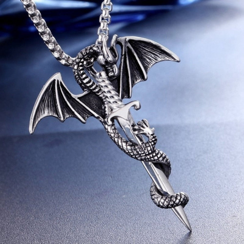 Flying Dragon With Sword Necklace - Silver