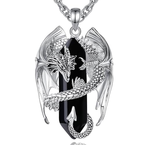 INFUSEU Dragon Necklaces with Healing Crystal Stone for Men Women, Unique Personalized Spiritual Gifts, 22+2 Inch Chain - Black Obsidian