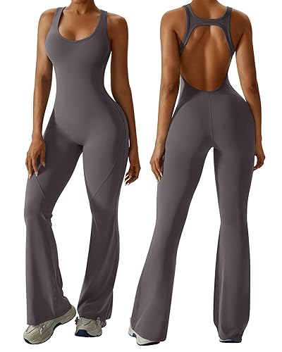 OEAK Womens Flare Jumpsuit with Bra Tummy Control Cutout Romper Workout Outfit Sleeveless Unitard One Piece Backless Bodysuit - Dark Grey - Small