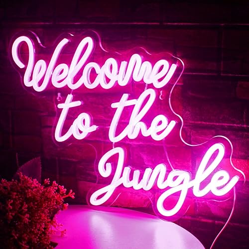 FAXFSIGN Welcome to the Jungle Neon Sign Pink Led Word Neon Light Signs for Wall Decor Usb Letter Light Up Sign for Bedroom Nursery Kids Room Garden Home Wedding Birthday Party Decorations Gifts - Colorful-A-jungle pink