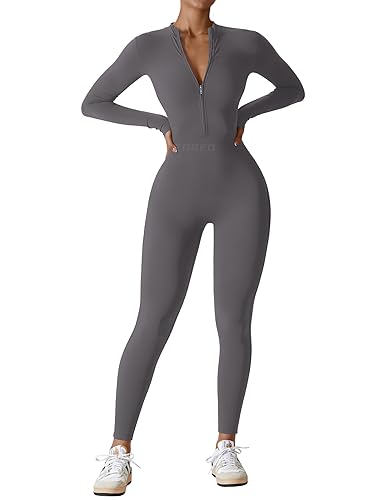 YEOREO Women Long Sleeve Workout Jumpsuit Zip Up Romper Bottom Pants Bodysuit Bodycon Sexy One Piece - Small - Grey