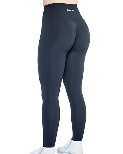 AUROLA Workout Leggings for Women Seamless Scrunch Tights Tummy Control Gym Fitness Girl Sport Active Yoga Pants - Intensify - Small - Black Marl
