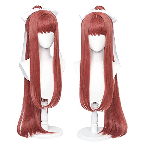 Red Brown Monika Clip-on Ponytails Halloween Cosplay Wig with White Ribbon
