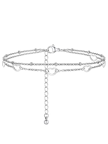 Stainless Steel Chain Anklets for Women, Silver/Gold/Black, Ankle Bracelets Hypoallergenic, 8-10.5 Inch Adjustable, Come with Box - I: Silver-6 Heart Layered