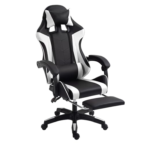 Gaming Chair Ergonomic Computer Chair Office Chair Desk Swivel Chair Adjustable Reclining Footrest Cushion White/Black New!