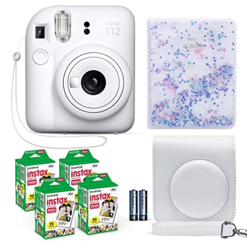 Fujifilm Instax Mini 12 Instant Camera Clay White + Fuji Film Value Pack (40 Sheets) + Shutter Accessories Bundle, Incl. Compatible Carrying Case, Quicksand Beads Photo Album 64 Pockets - Clay White