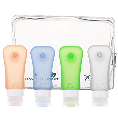 MoKo Reise Flaschen Set, 4 Stück Silikon Auslaufsicher Reisebehälter Leckdichte Nachfüllbare Reiseflaschen BPA Frei Travel Bottle für Shampoo Toilettenartikel Spülung Pflegeprodukten, 3.1 OZ(89ml) - Serie 1