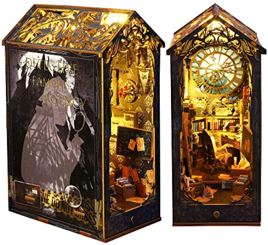 Spilay DIY Dollhouse Miniature Book Nook Assemble Kit,3D Wooden Puzzle Bookshelf Insert Decor with Light,Bookends Model Build-Creativity Kit for Adults Women Birthday Gift (Detective Famous Agency) - Detective Famous Agency