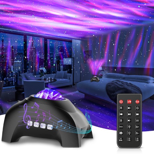 CIMELR Northern Lights Aurora Projector,Star Projector Music Bluetooth Speaker and White Noise,Star Projector Galaxy Light with Remote Control,Night Light Projector for Home Decor Bedroom/Ceiling（Black） - Black - with stars