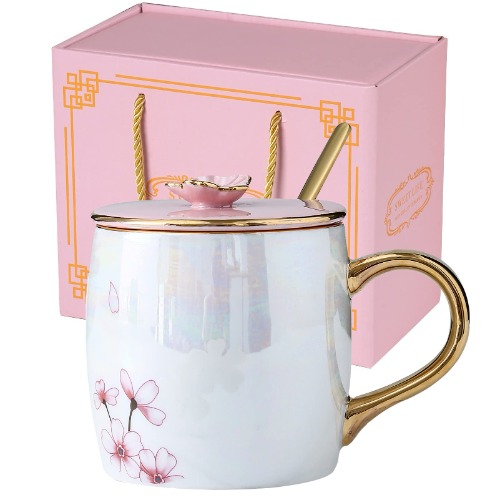 KEYIGOU 13.5oz Cherry Blossom Ceramic Mug with Lid Gold Spoon Pretty Tea Cup Coffee Mugs for Women Birthday Christmas Gifts - Pink