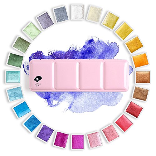 Paul Rubens Watercolor Paint Set, 24 Colors Professional Glitter Watercolour Solid Paint -Pink Portable Metal Case with Palette, Ideal for Illustrations, Painting, Coloring - 24 Glitter Colors