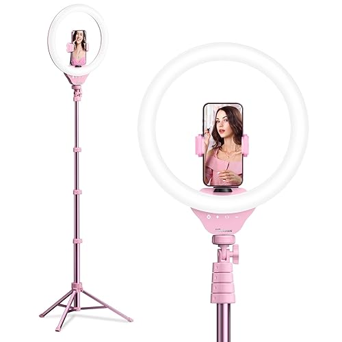 UBeesize 12'' Selfie Ring Light with 62’’ Tripod Stand for Video Recording, Live Streaming(YouTube, Instagram, TIK Tok), Compatible with Phones, Cameras and Webcams Pink - White,Warm,Daylight - Pink