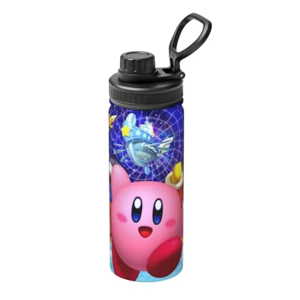 FKVHWZAQ Anime Game Kir-by Sports Insulated Water Bottle Stainless Steel Cup 18OZ Cartoon Water Kettle Leak Proof Sports Bottle Gym Swim Reusable