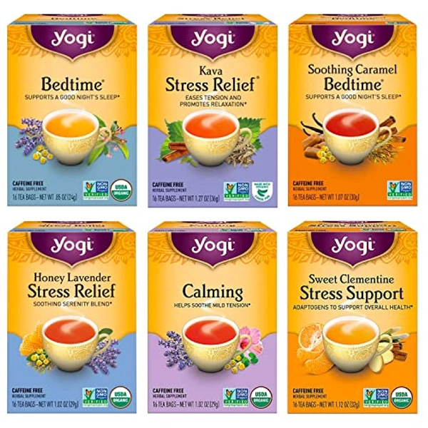 Yogi Tea - Stress Relief and Herbal Tea Variety Pack Sampler (6 Pack) - With Bedtime, Kava, Soothing Caramel, Honey Lavender, Calming, and Sweet Clementine - Caffeine Free - 96 Organic Herbal Tea Bags