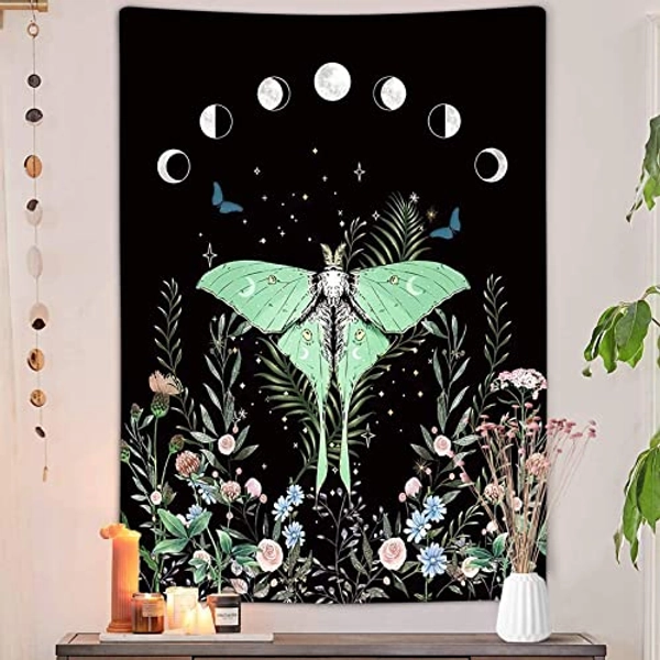 JAWO Trippy Floral Moth Moon Vertical Tapestry, Aesthetic Flower Black Witchy Tarot Decor Tapestry Wall Hanging for Girls Bedroom, Nature Woman Tapestries Poster Blanket College Dorm Home Decor 60X80