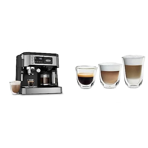 De'Longhi All-in-One Combination Coffee Maker & Espresso Machine + Advanced Adjustable Milk Frother, black & Fancy Collection Double Walled Thermo Espresso, (Set of 6), Clear - Coffee Maker + Thermo Espresso