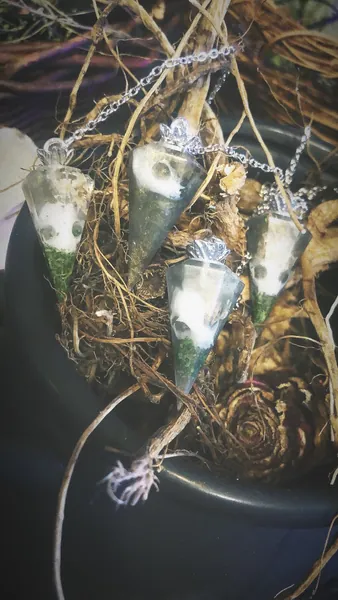 Hemlock Pendulums - Staring into the Abyss - Resin Cat skull with hemlock herb and moss in light copper/gold mica resin
