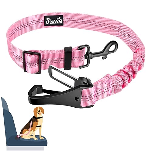 Dog Seat Belt, Adjustable Dog Safety Belt Leash, 2 in 1 Latch Bar Attachment Dog Car Seatbelt with Elastic Nylon Bungee Buffer, Reflective Nylon Belt Tether Connect to Dog Harness(Pink,35.5in) - 35.50 Inch - 1 Pack -Pink