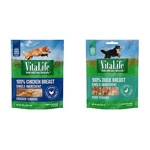 VitaLife All Natural Dog Treats - Chicken Tenders 750g, Dark Green & 400 g Duck Tenders, All Natural Dog Treats - 750 g (Pack of 1) - Dog Treats + Duck Tenders