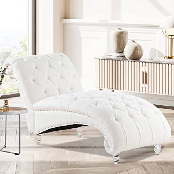 White Velvet Chaise Lounge Indoor 63" with Button Tufted Armless Lounge Chair for Living Room Bedroom Ergonomic Refined Modern Backrest Leisure Recliner Sleep Sofa (Velvet Crystal Legs)