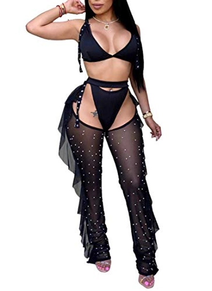 Women Beading Pearl See Through Sheer Mesh 2 Pieces Outfits Jumpsuits Crop Top and Hollow Out Ruffle Long Pants