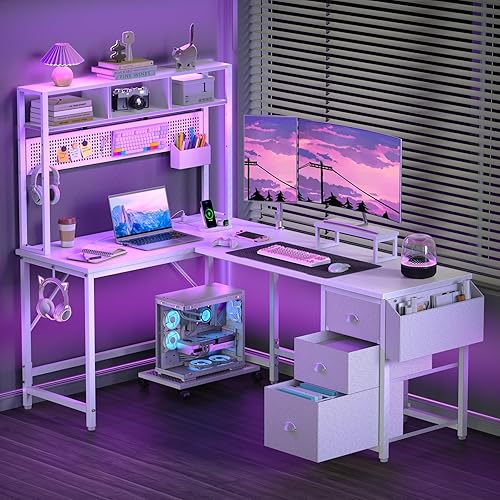 DOMICON L Shaped Gaming Desk 94.5" Computer Desk with Pegboard & Shelves & Drawers, Gaming Desk with Power Outlet & LED Lights & Monitor Stand & Mobile CPU Stand, Corner Deck for Home Office White - White