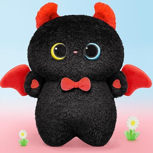 Mewaii Black Cat Plush Toys, Kawaii Cat Stuffed Animals Squishy Doll, Cute Cat Plushie Pillow, Home Decor Plush Throw Pillow Gifts for Kids (10 Inches) - Dark Black - 10 inches