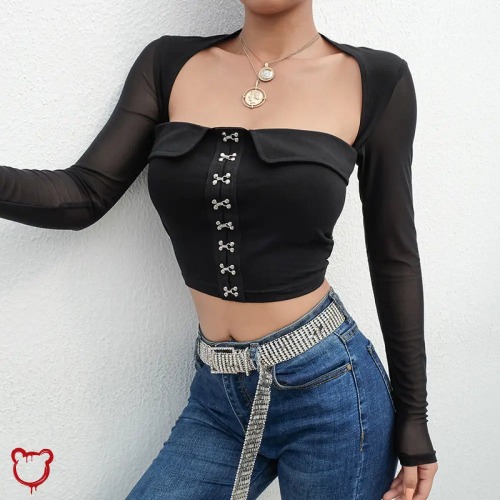 "Black Mesh Eyelet Top" - black / M