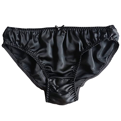 Women's 100% Mulberry Silk Panties Cute Stretchy Lingerie Bikini Mid Waist Underwear Satin Briefs Shorts - X-Large - Black