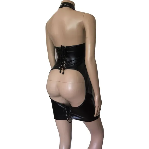 Black Women Faux Leather Open Butt Bodycon Mini Dress Halter Neck Lace Up Back Body Harness Catsuit Mistress Fetish Wear