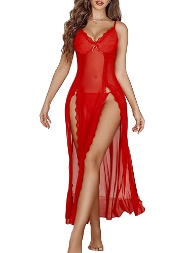 Avidlove Women Lingerie Lace Babydoll Chemise Sexy Mesh Nightdress V Neck Nightwear Side Split Nightgown - Red - Large