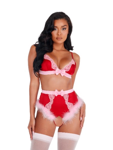 Roma 2pc Lace & Satin Marabou Bra Set Roma Confidential - X-Large / Red/Pink