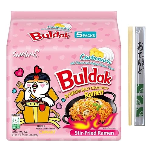 CNMART Korean Buldak Ramen Set - Carbonara Flavour Hot Chicken Instant Noodles Halal 130g (Pack of 5) with Chopsticks - 650 g (Pack of 1)