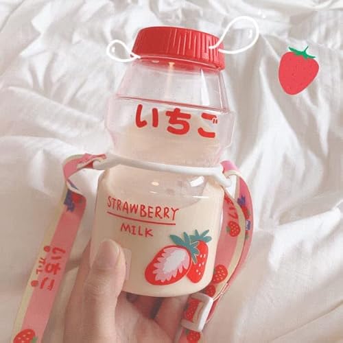Oagsln 【Send Matching Straps】 480ml Plastic Water Bottle Tour Drinking Bottle Cute Kawaii Milk Carton Shaker Bottle Strawberry Clear Plastic Water Bottle