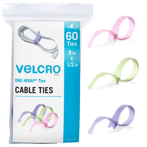 VELCRO Brand Pastel Cable Ties Heavy Duty Reusable|60Pc Bright Colors Bulk Pack|8 x 1/2" ONE-WRAP Straps| Wire Management| Perfect for Crafts or Office Supply Bundling for Home, Classroom or Worksite - White