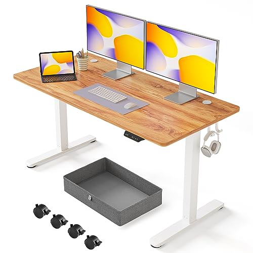 FEZIBO 63 x 24 Inches Standing Desk with Drawer, Adjustable Height Electric Stand up Desk, Sit Stand Home Office Desk, Ergonomic Workstation White Steel Frame/Light Rustic Brown Tabletop - 63 inch - Light Rustic