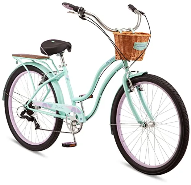 Schwinn Perla Adult Beach Cruiser Bike, Men and Women, 18-Inch Step-Through Steel Frame, 26-Inch Wheels, 7-Speed Twist Shifters, Rear Rack, Front and Rear Fenders