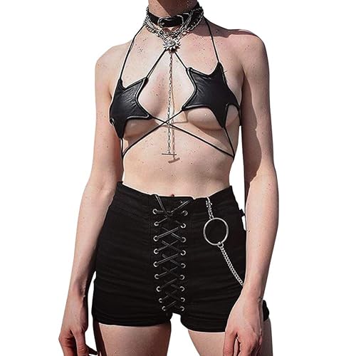 FlyCC Women Shiny Metallic Star Strappy Tube Top Halter Rave Wrap Around Bandeau Bra - Black