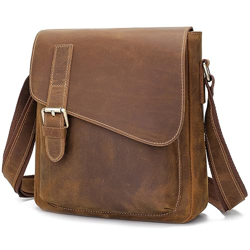 Augus Men's Leather Messenger Bag Shoulder Crossbody Backpack Bags Purse for Women Vintage Anti-Theft Waterproof Casual - Brown