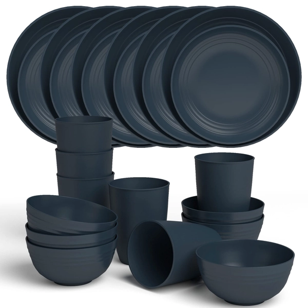 KEWOO Plastic Dinnerware Sets for 6,Unbreakable Lightweight Reusable Dinnerware Set,Kids Plates Bowls Cups,Microwave Dishwasher Safe Plastic Plates Dishes Set for Camping,Kitchen,Outdoor,RV (24pcs)