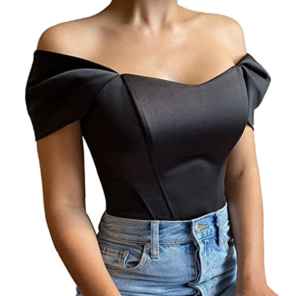 Women's Off Shoulder Boned Corset Top Vintage Bustier Mesh Short Sleeve Slim Fit Crop Top Party Clubwear