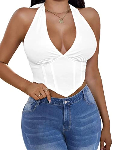 Zaoqee Sexy Crop Y2k Tops for Women Deep V Neck Corset Backless Halter Tops Going Out Sleeveless Cami Tank Top