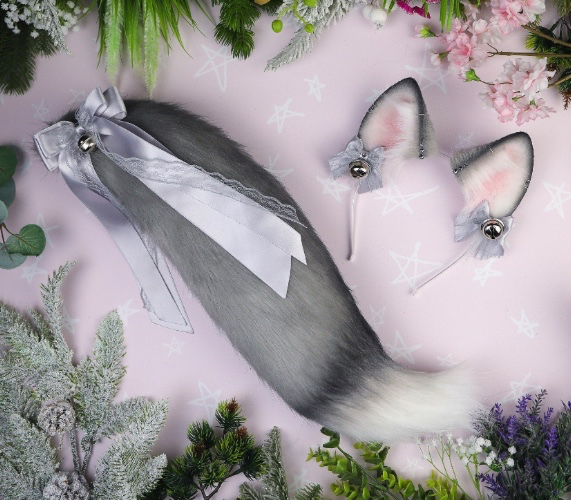 Realistic Gray Fox Ears tail Faux Fur Ears NekoToMori Costume Halloween Kitsune Ear Fox Cosplay Ears Handmade Headband Wolf Pet Play Ears