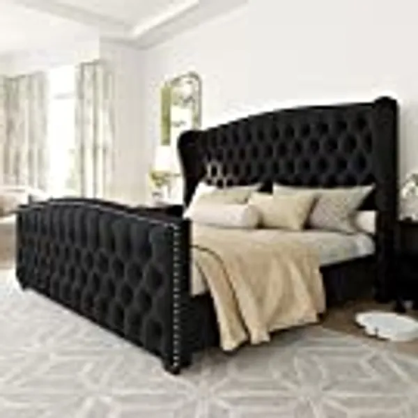 AMERLIFE Queen Size Platform Bed Frame, Velvet Upholstered Bed with Deep Button Tufted & Nailhead Trim Wingback Headboard/No Box Spring Needed/Black