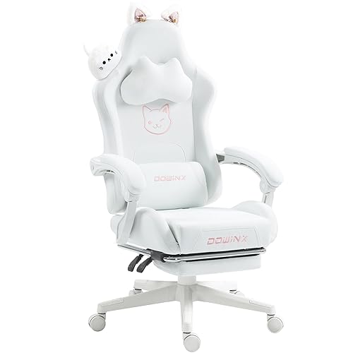 Dowinx Gaming Stuhl - Süße Katze Edition - Ergonomischer Computerstuhl mit Hoher Rückenlehne und Lendenwirbelstütze, PU-Leder, Fußstütze, Weiße Katze - Snow Weiß - Kaninchen