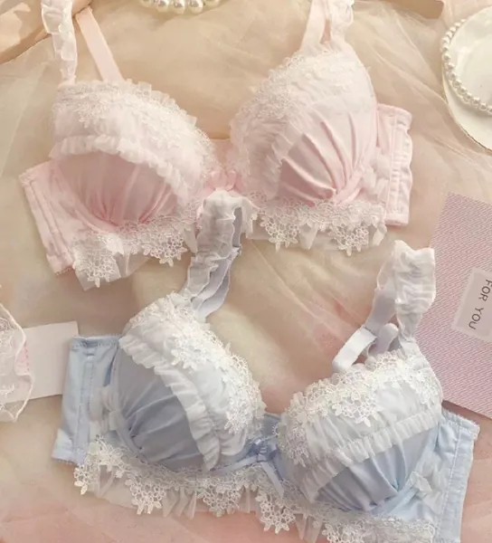 lolita lingerie 2pc set ruffle embroidery pastel coquette aesthetic pretty bow ribbon cute push up japanese sweet pink
